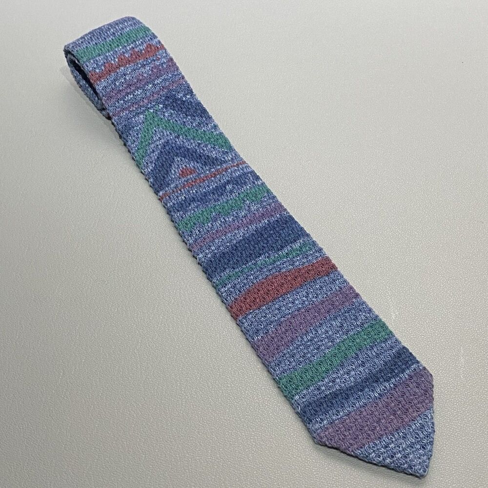 Vintage Rooster Roosternit Knit Tie 100% Cotton Blue Multi Geometric USA